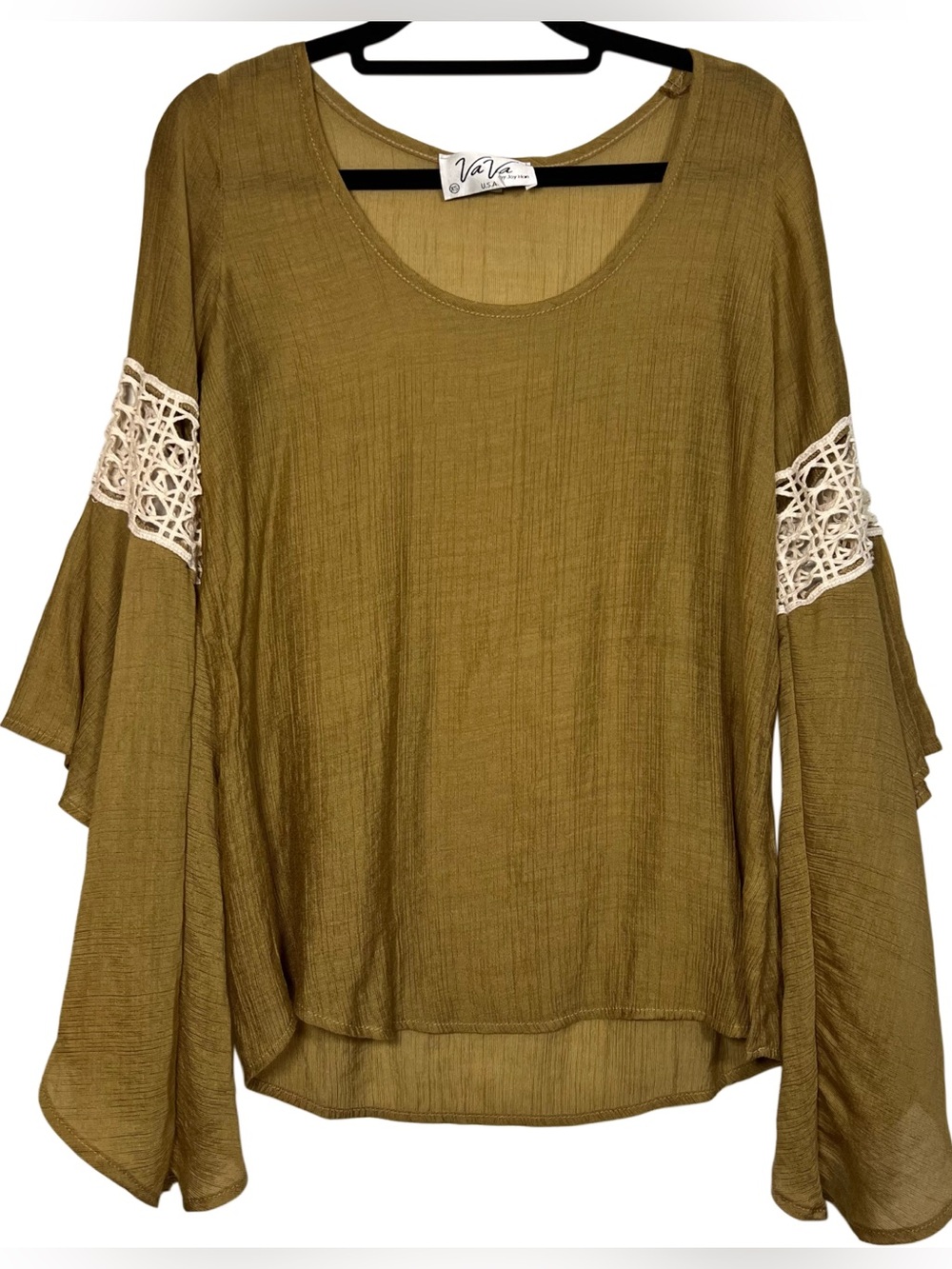 Vava by Joy Han Olive Green Bell-Sleeve Tunic with Cream Crochet Trim